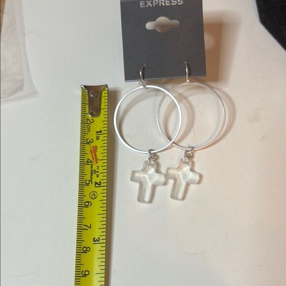NWT Express Silver Tone Hoop Earrings with Cross Pendants - Picture 4 of 4